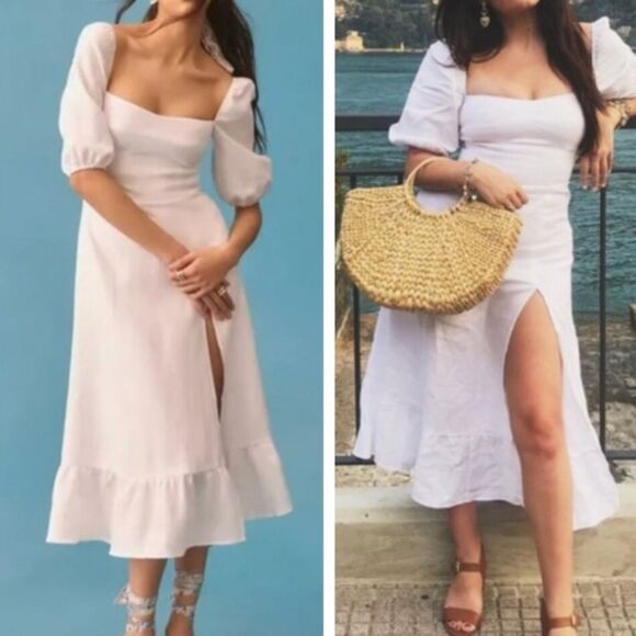 Reformation Belgium Linen Midi Dress 2 White Classic French Causal Wedding Chic - Picture 7 of 15